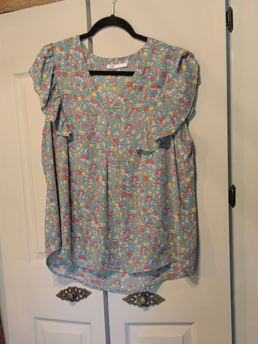 DR2 Teal Floral Ruffle Sleeve Blouse